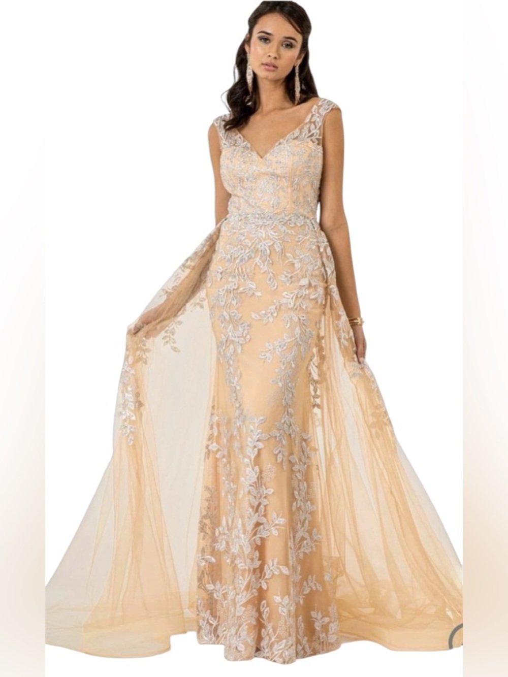 Champagne-Beige Lace Appliqué Gown
